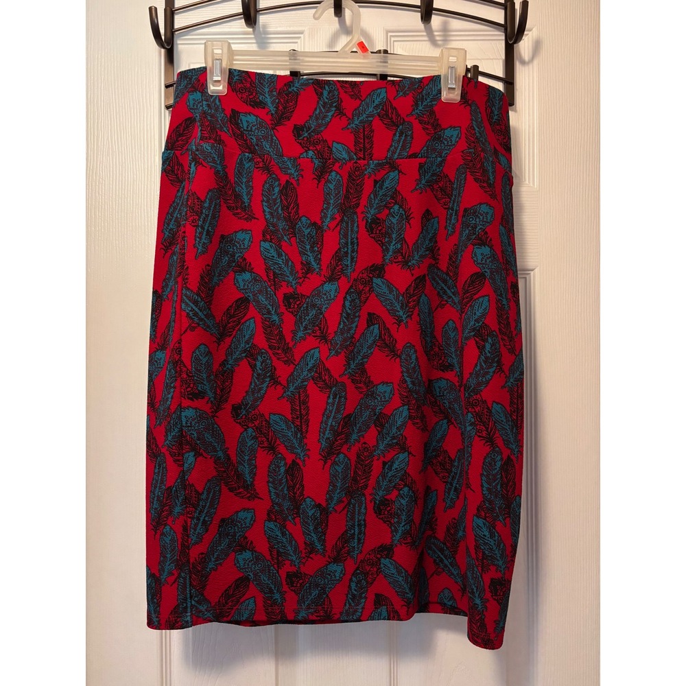 LuLaRoe Cassie Pencil Skirt XL Red Teal Feather Print Knit Bodycon Stretch